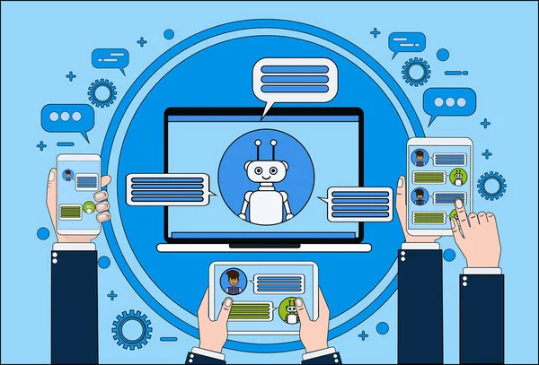 Chat-Bot-Konzept Hand hält Laptop, Tablet und Smartphone im Chat mit Chatter Online Support Service-Technologie-Konzept — Stockvektor
