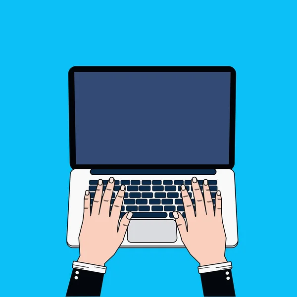 Obchodní muž ruce pomocí přenosného počítače zadáním pohled shora na modrém pozadí tenká linie Design — Stockový vektor