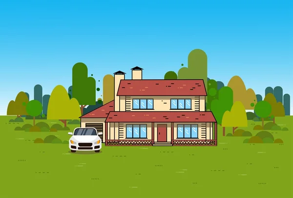 Haus außen Haus Haus über grün natürlichen Hintergrund Vorort Immobilien und Auto Blick — Stockvektor