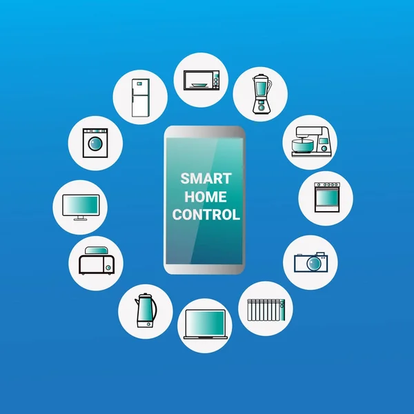Smart Home Control System Ícones de aplicação de Smartphone de dispositivos Conceito de automação Tecnologia de casa moderna — Vetor de Stock