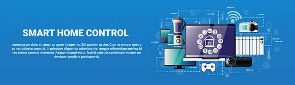 Smart Home Control System Devices Automation Concept Modern House Technology Banner Horizontal — Vetor de Stock