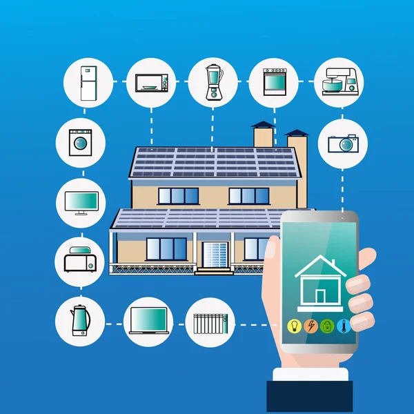 Smart Home Control System Mão Segure Smartphone Automação App Concept Modern House Technology — Vetor de Stock