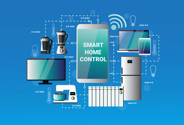 Sistema de Controle Doméstico Inteligente Smartphone Aplicação Dispositivos Conceito de Automação Tecnologia de Casa Moderna — Vetor de Stock