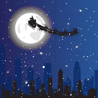 Kızak gökyüzü uçan üzerinde gece şehir arka plan Noel tatil kavramı içinde sürüş Santa