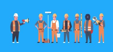 Konstrüksiyon işçi ekibi megafon tutarak lideri sanayi teknisyen Mix yarış Erkekler Builders grubunun için duyuru yapmak