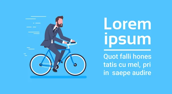 Homme d'affaires en costume Ride vélo sur modèle fond bleu avec l'espace de copie — Image vectorielle