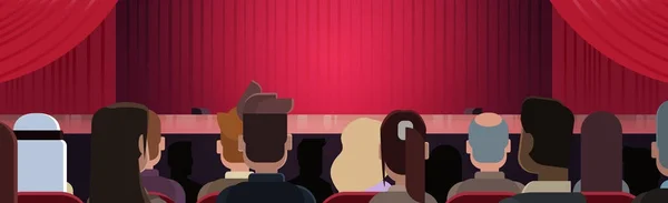 Le persone sedute a teatro o al cinema guardando il palco con le tende rosse in attesa di prestazioni iniziano indietro Banner orizzontale vista posteriore — Vettoriale Stock