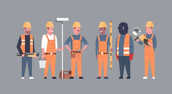 施工工人团队工业技术员混合种族男子建设者组 — 图库矢量图片