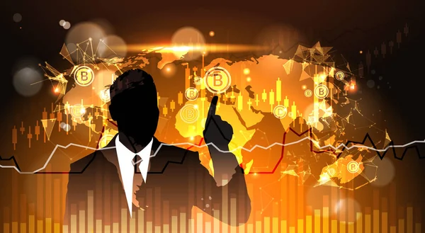 Silhouet Business Man punt vinger aan Bitcoin Over wereld kaart Crypto valuta Concept digitale geld webtechnologie — Stockvector