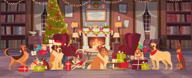 Noel Baba şapkaları süslü çam ağacı, neşeli Noel ve mutlu yeni yıl oturma odasında köpeklerde afiş tasarımı tatil