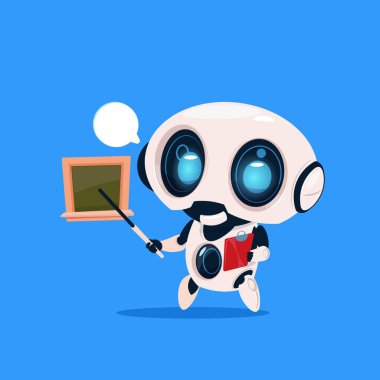 Cute Robot öğretmen tutun işaretçi okul yönetimi izole simgesinin yanında mavi arka plan Modern teknoloji yapay zeka kavramı üzerinde