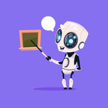 Cute Robot öğretmen tutun işaretçi okul yönetimi izole simgesinin yanında mavi arka plan Modern teknoloji yapay zeka kavramı üzerinde