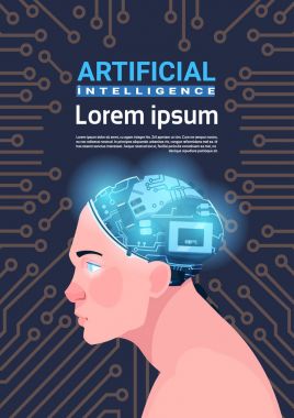 Yapay zeka kavramı ile Modern Cyborg beyin üzerinde devre anakart arka plan dikey erkek baş Banner