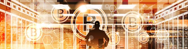 Sziluettjét üzleti ember pont ujj Bitcoin Crypto valuta koncepció Digital Web pénz technológia — Stock Vector