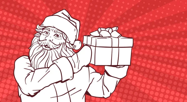 サンタ クロース ホールド ギフト ボックス ポップ アート コミック背景メリー クリスマスと新年あけましておめでとうございますポスター デザインの白のスケッチ — ストックベクタ