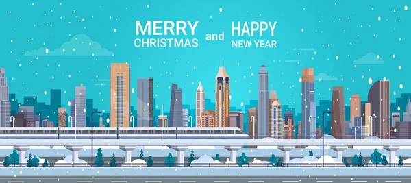 Feliz Natal e feliz ano novo pôster com paisagem da cidade de inverno Snowy Cityscape fundo —  Vetores de Stock