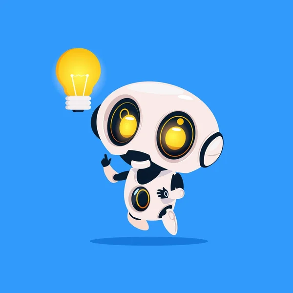 Cute Robot Hold Light Bulb Icono aislado sobre fondo azul Tecnología moderna Concepto de inteligencia artificial — Vector de stock
