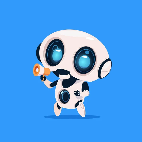 Cute Robot Hold Megáfono Icono aislado sobre fondo azul Tecnología moderna Concepto de Inteligencia Artificial — Vector de stock