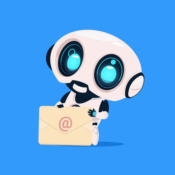 O robô bonito prende o ícone isolado da notificação do correio do envelope no fundo azul Conceito moderno da inteligência artificial da tecnologia — Vetor de Stock