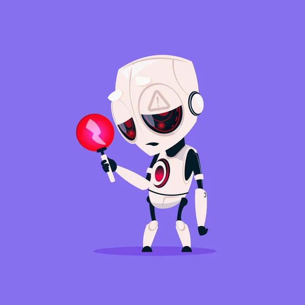 Robot carino con icona isolata a bassa carica rossa su sfondo blu Concetto di intelligenza artificiale a tecnologia moderna — Vettoriale Stock