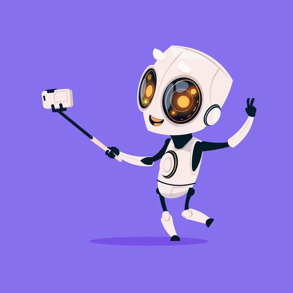 Cute Robot tomar foto selfie aislado icono sobre fondo azul moderna tecnología concepto de inteligencia artificial — Vector de stock