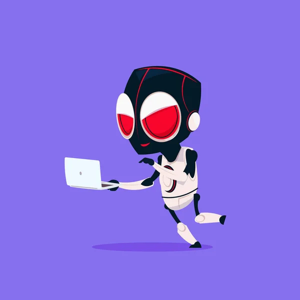 Ładna robota nosić Hacker maska Użyj Laptop na białym tle ikony na niebieskim tle nowoczesnej technologii sztucznej inteligencji koncepcji — Wektor stockowy