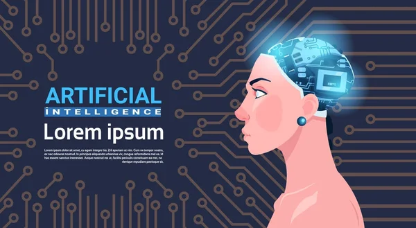 Női fej, Modern Cyborg agy áramkör alaplap mesterséges intelligencia fogalom felett — Stock Vector
