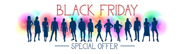 Horizontale Banner van Black Friday aanbieding met groep mensen silhouetten op kleurrijke achtergrond — Stockvector