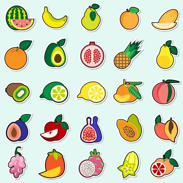 Frukt klistermärken på blå bakgrund färgglada ikoner Collection — Stock vektor