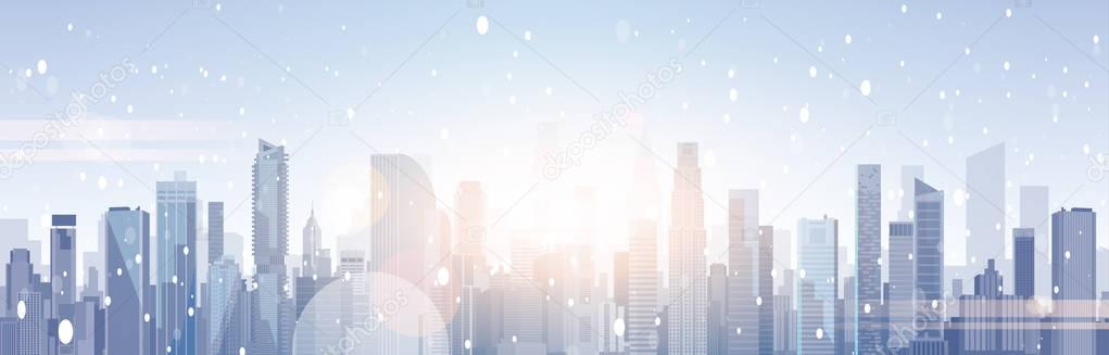 Beautiful Winter City Landscape Skyscraper Buildings In Snow Merry Christmas And Happy New Year Background