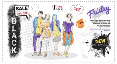 Siyah Cuma satış şablon broşür elle çizilmiş moda modelleri ve kopya alanı, Poster alışveriş giyim indirimler kavramının yeni koleksiyonu ile