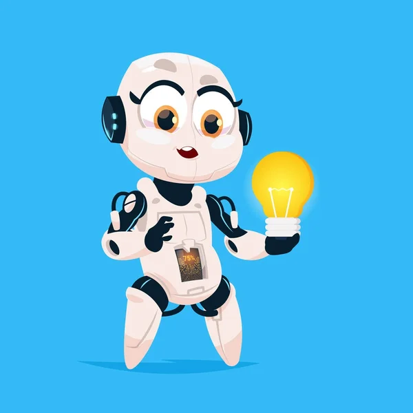 Cute Robot Hold Light Bulb Robotic Girl Icono aislado sobre fondo azul Concepto de inteligencia artificial de tecnología moderna — Vector de stock