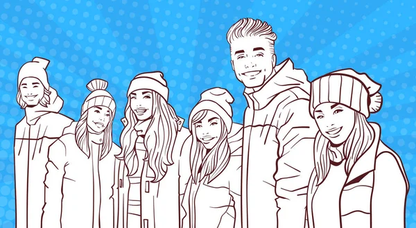 Szkic, uśmiechając się grupa młodych ludzi nosić zimowe płaszcze i kapelusze na tle kolorowe w stylu Retro — Wektor stockowy