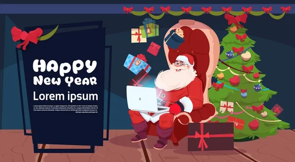 Siyah Cuma Noel ve mutlu yeni yıl promosyon afiş mevsimlik tatil Sants etiketle dizüstü kullanarak indirim — Stok Vektör