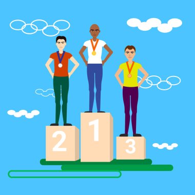 Ödül kazananlar ödül podyum üzerinde duran üç sporcular madalya alma
