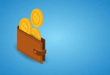 Bitcoins cüzdan üzerinde mavi arka plan Modern Web dijital para Kripto para kavramı