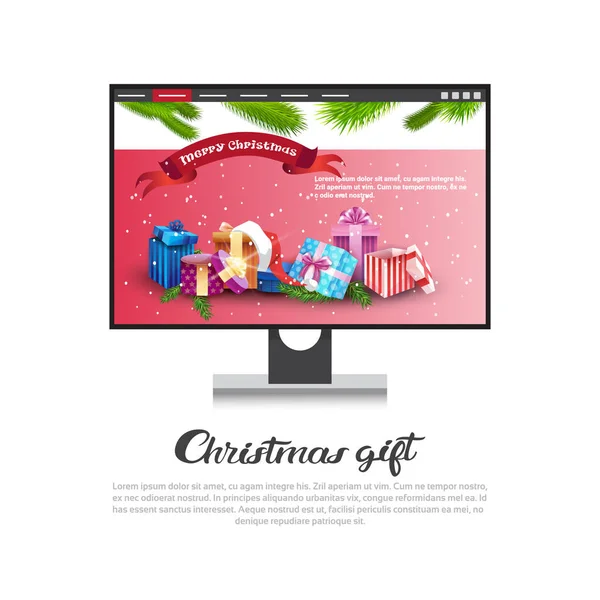 Cartel de la plantilla de concepto de regalo de Navidad con monitor de computadora y decoraciones navideñas Ventas de año nuevo en Gadgets Banner — Vector de stock