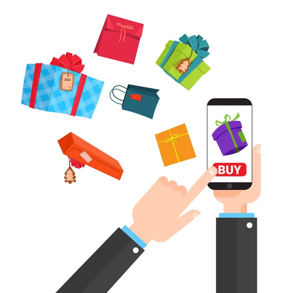 Shopping Online Concept Hand Holding Smart Phone Buying Presents In Internet — Stock Vector