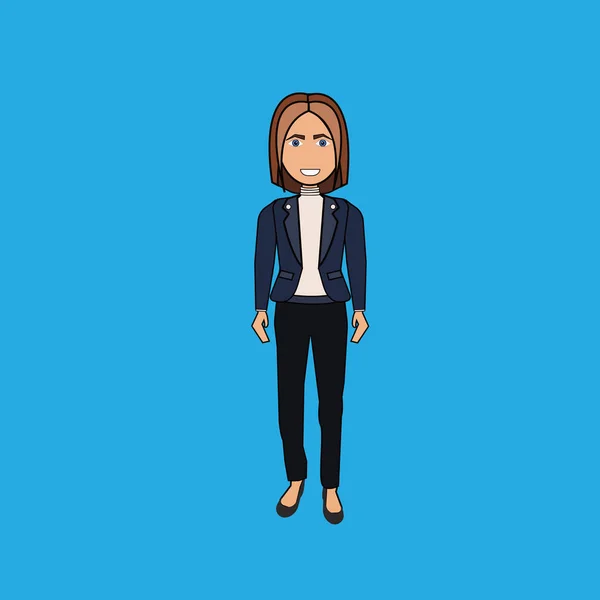 立っている漫画ビジネス女性実業家図の青色の背景に分離 — ストックベクタ