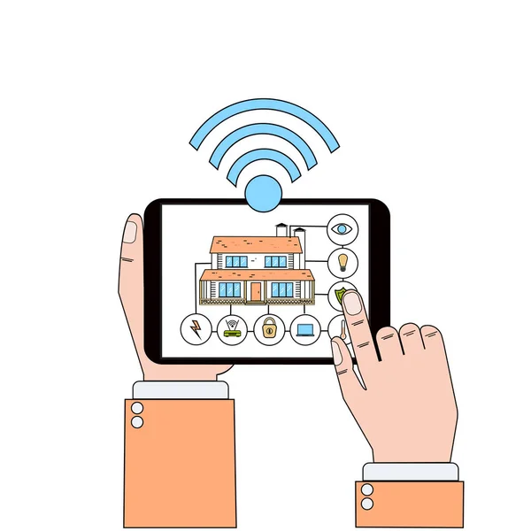Tablet digitale tenuto in mano con l'applicazione del sistema di controllo domestico astuto, tecnologia moderna della Camera del concetto di automazione — Vettoriale Stock