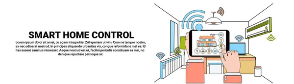 Hand Hold Digital Tablet com aplicação inteligente do sistema de controle doméstico, tecnologia moderna da casa de conceito de automação Horizontal Banner — Vetor de Stock