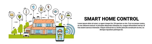 Smartphone a mano con applicazione Smart Home Control System, moderna tecnologia House of Automation Concept Banner orizzontale — Vettoriale Stock