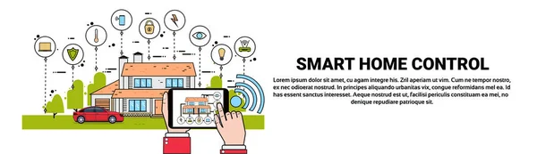 Tablet digital de mão segura com aplicação inteligente do sistema de controle doméstico, tecnologia moderna da casa do conceito da automação — Vetor de Stock