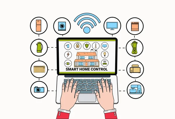 Aplicação inteligente do controle home no computador portátil Tecnologia moderna da casa do conceito da automação — Vetor de Stock