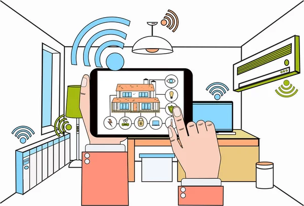 Χέρι κρατήστε ψηφιακή δισκίο με έξυπνο σπίτι εφαρμογή σύστημα ελέγχου πέρα από το σύγχρονο σπίτι εσωτερικό υπόβαθρο — Διανυσματικό Αρχείο