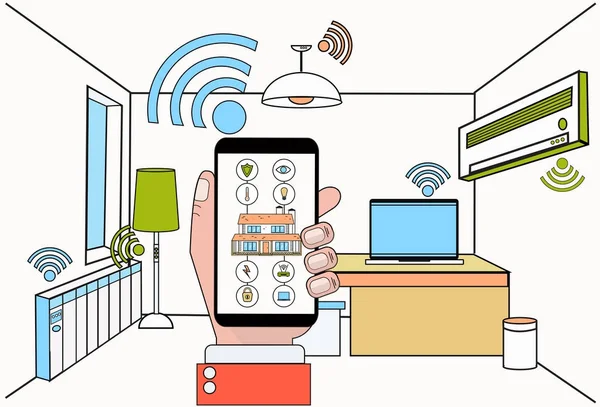 Hold Smartphone met toepassing van het systeem van de controle van het Smart Home overhandigen stadsvilla interieur achtergrond — Stockvector