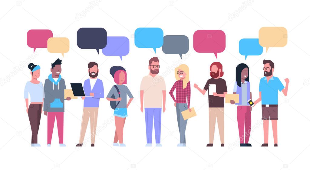 Group Of Hipsters People With Chat Bubbles Casual Young Men And Women Mix Race Isolated On White Background