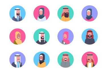 Arapça profil Avatar Icon Set Arap erkekler ve kadınlar, portre Müslüman toplama yüz