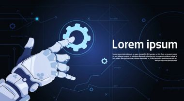 Robot el Touch dişli simgesini teknik destek servisi ve yapay zeka kavramı