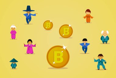 Bitcoin madencilik teknolojisi grup altın Bit ile geleneksel giysiler içinde Asya insan Cryptocurrency dijital Web para kavramı paralar